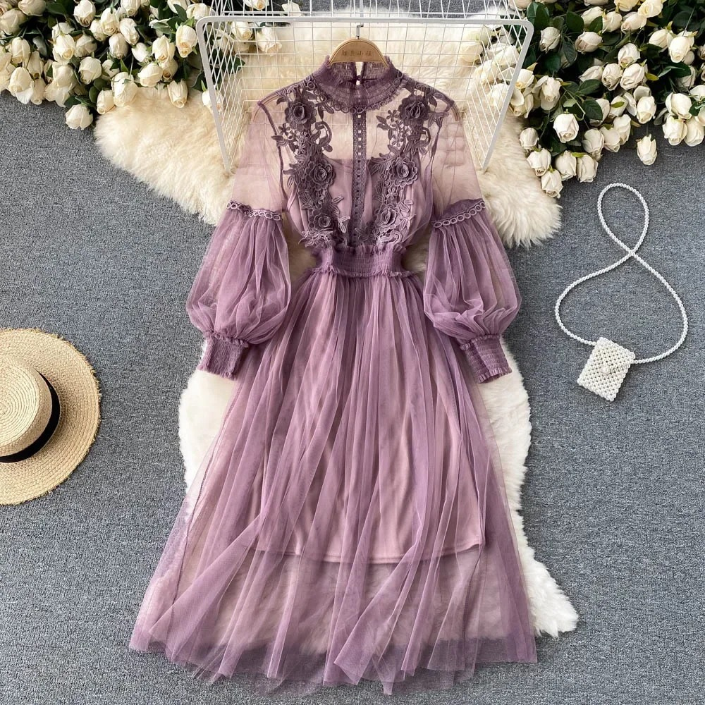 Robe d'Automne Femme Col Montant et Manches Lanternes 7