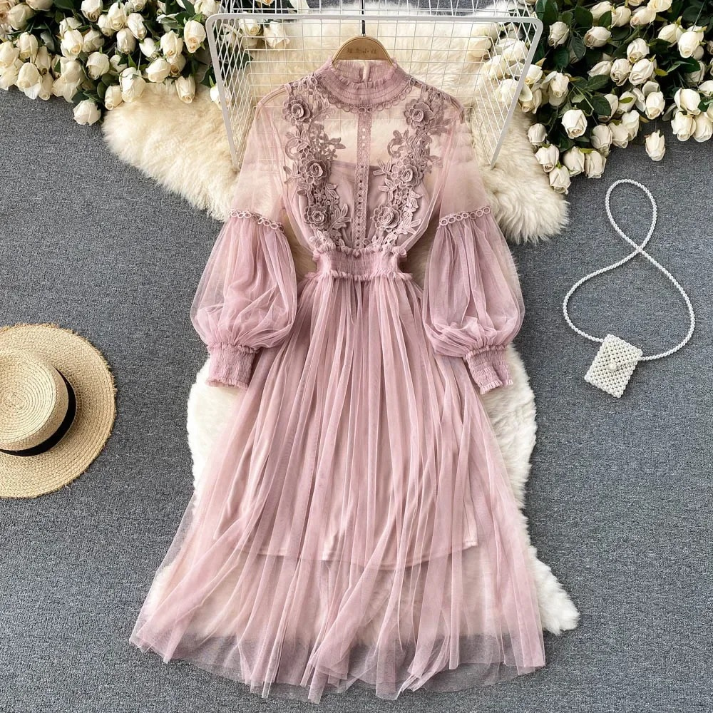 Robe d'Automne Femme Col Montant et Manches Lanternes 8
