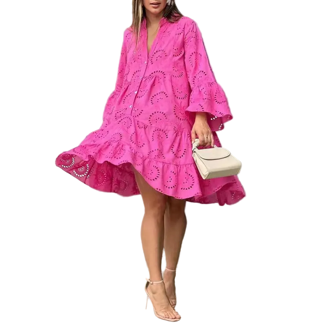 Robe d'Été Femme Ajourée Chic avec Manches Trois-Quarts et Col en V 3