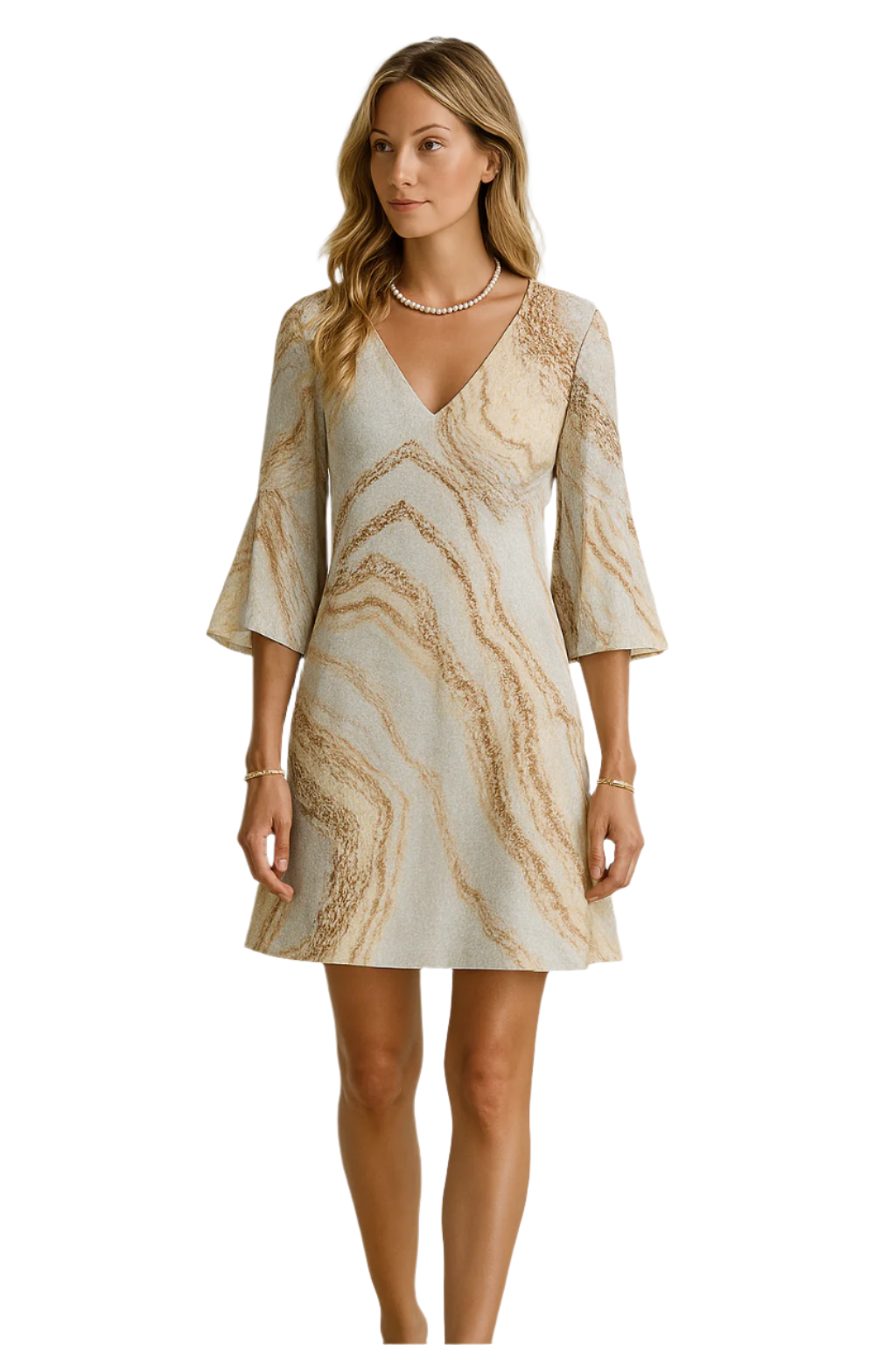 Robe d'Été Femme Imprimé Marbré Col en V Manches Évasées Soyeuse 0