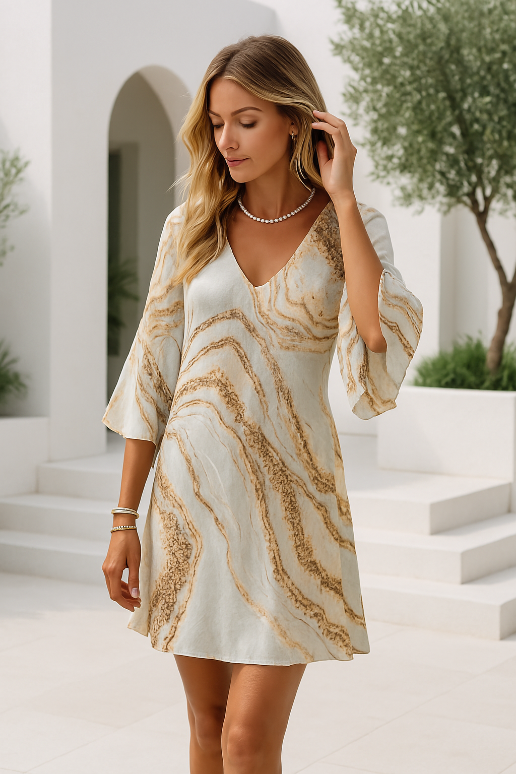 Robe d'Été Femme Imprimé Marbré Col en V Manches Évasées Soyeuse 1