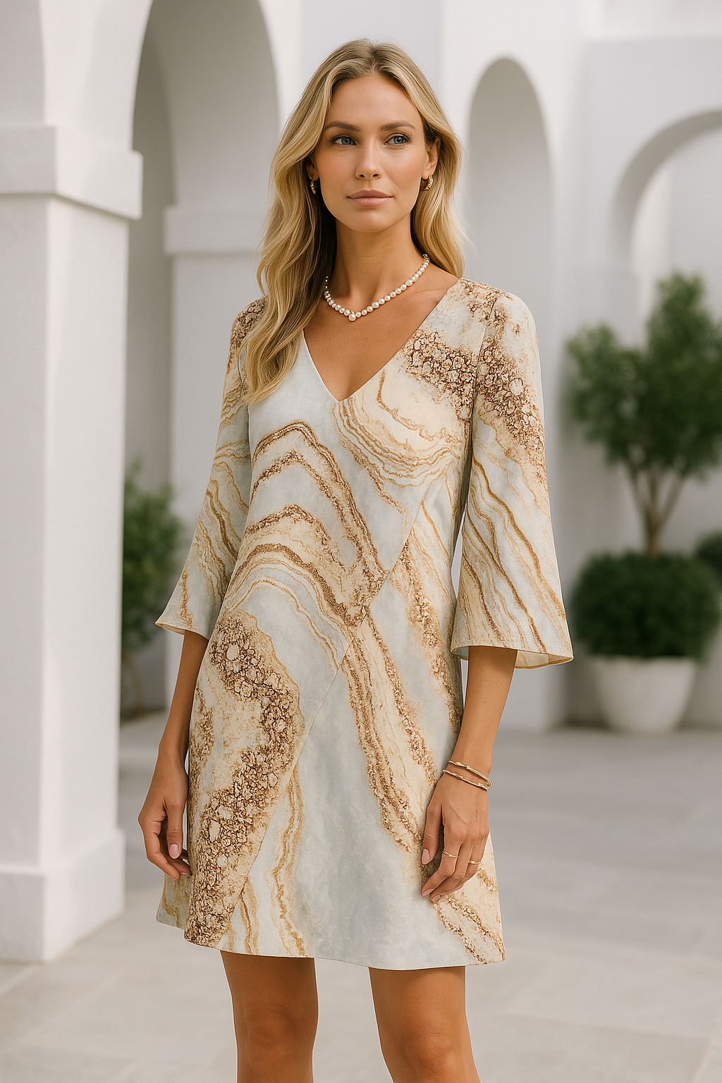 Robe d'Été Femme Imprimé Marbré Col en V Manches Évasées Soyeuse 2