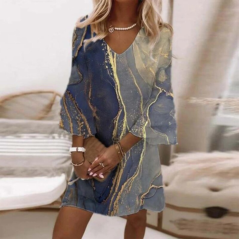 Robe d'Été Femme Imprimé Marbré Col en V Manches Évasées Soyeuse 4