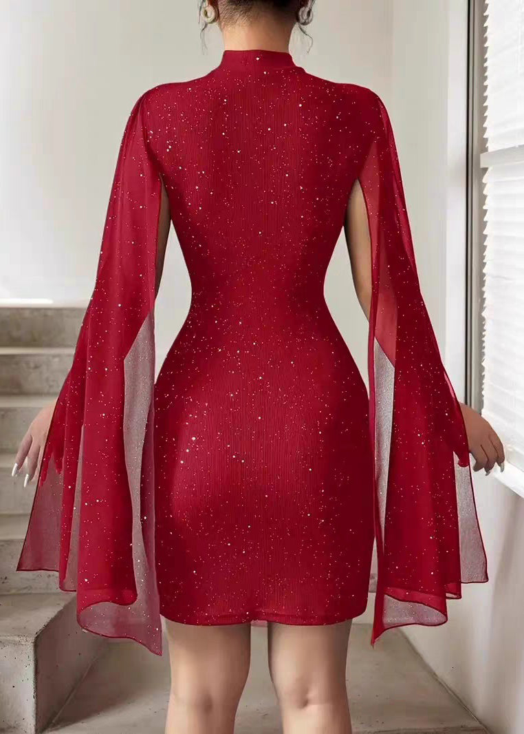 Robe d'Été Rouge à Col Montant avec Paillettes 3