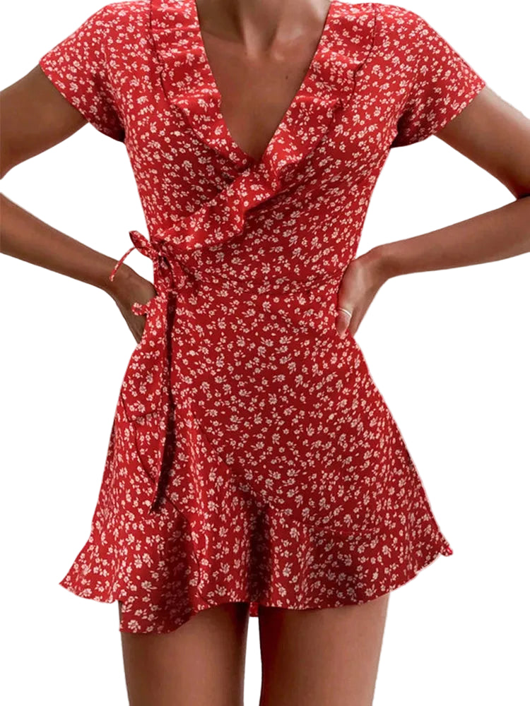 Robe d'été Femme À Volants Chic Col en V Court 0