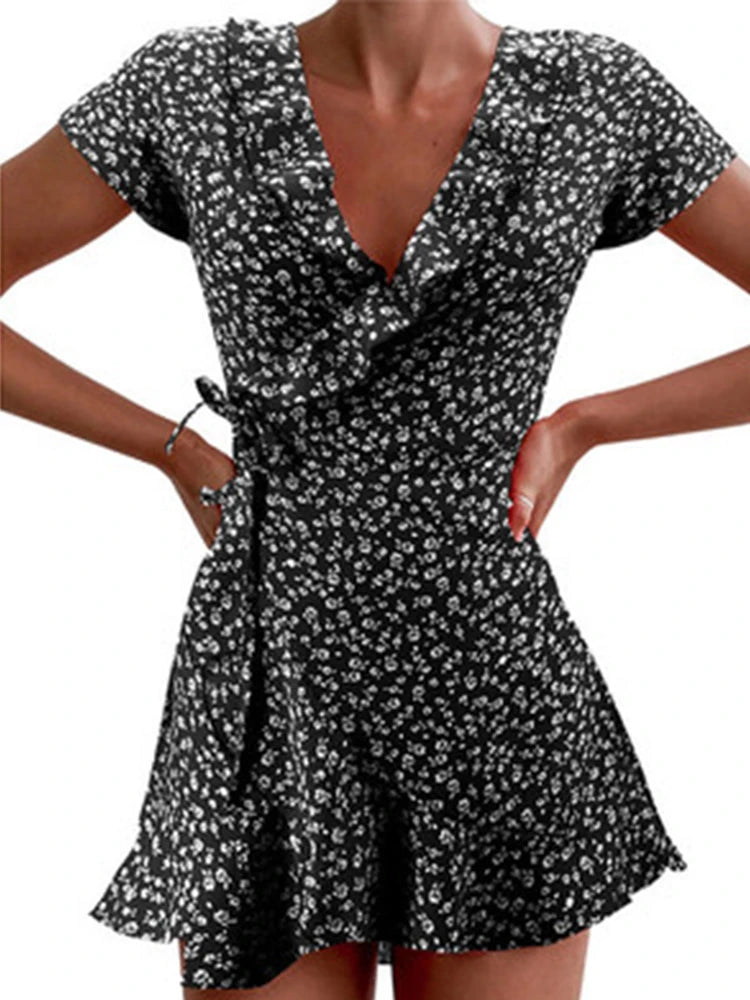 Robe d'été Femme À Volants Chic Col en V Court 2