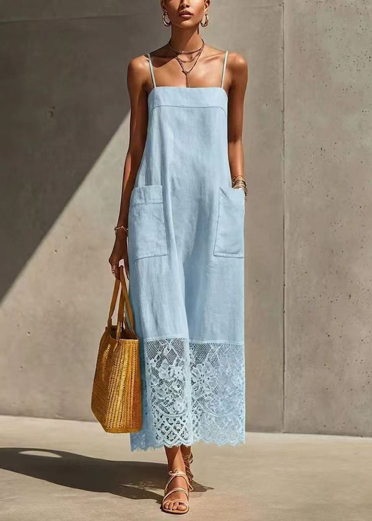 Robe d'été femme à bretelles spaghetti avec poches et dentelle patchwork 1