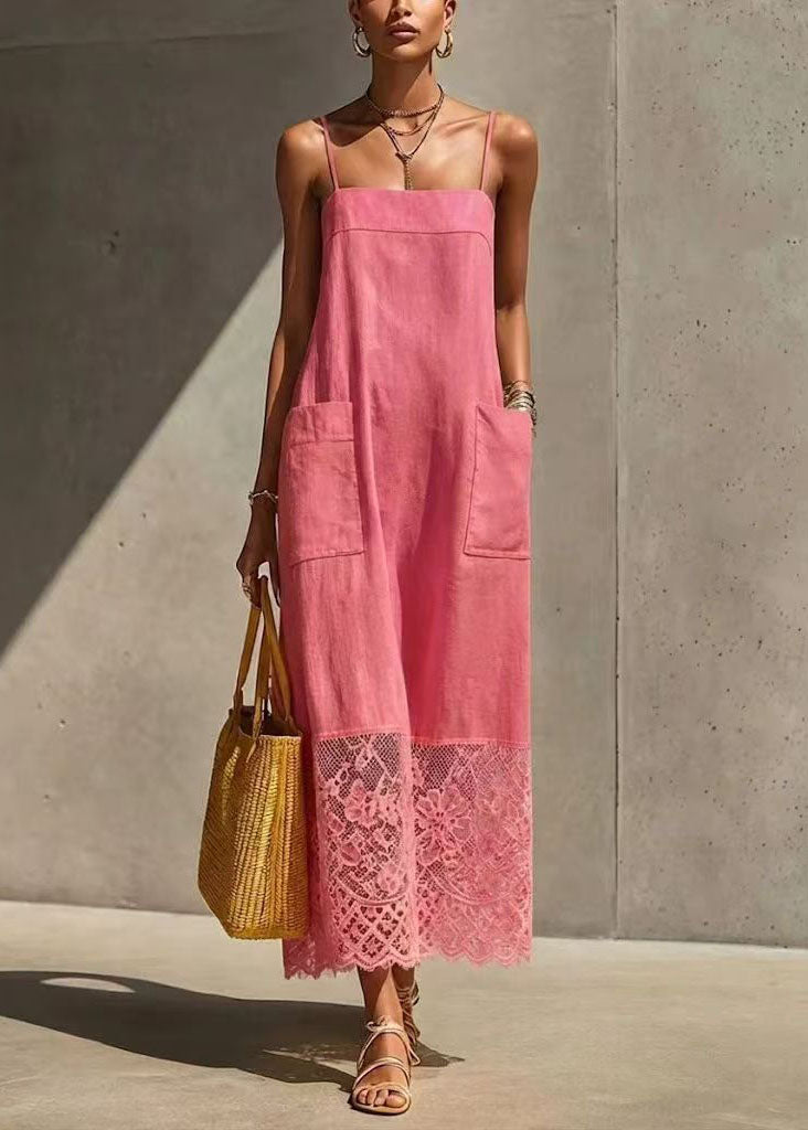 Robe d'été femme à bretelles spaghetti avec poches et dentelle patchwork 2