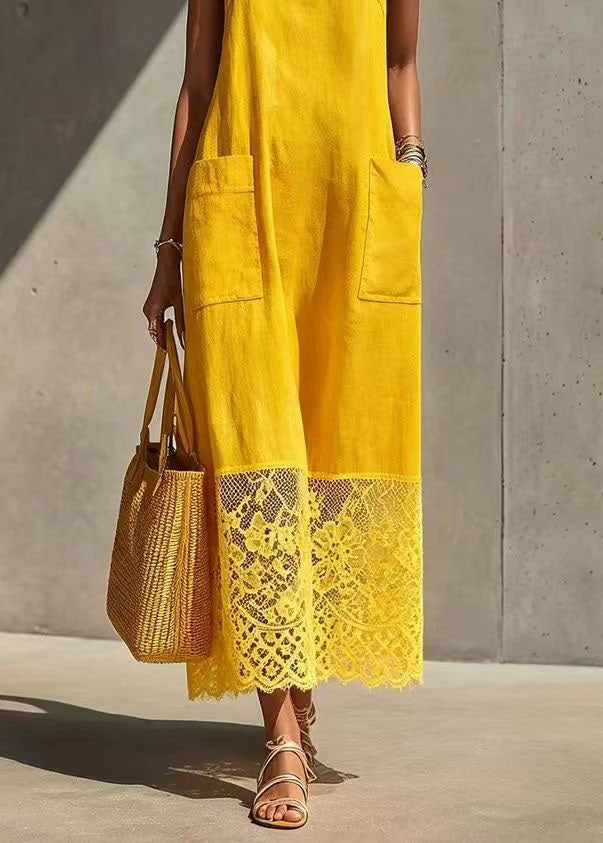 Robe d'été femme à bretelles spaghetti avec poches et dentelle patchwork 4
