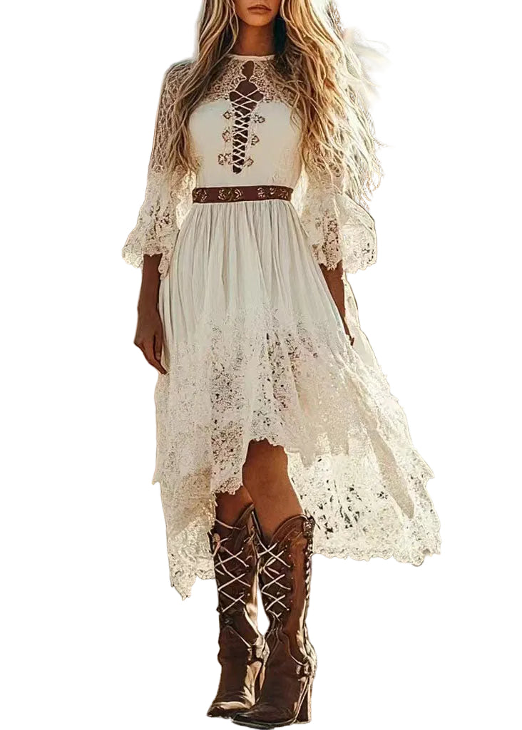 Robe d'été femme bohème asymétrique patchwork dentelle 0