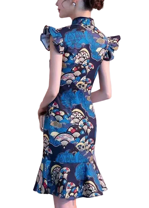 Robe d'été femme col montant style chinois imprimé paon bleu 0