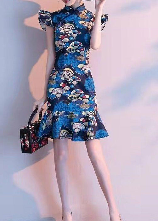 Robe d'été femme col montant style chinois imprimé paon bleu 1
