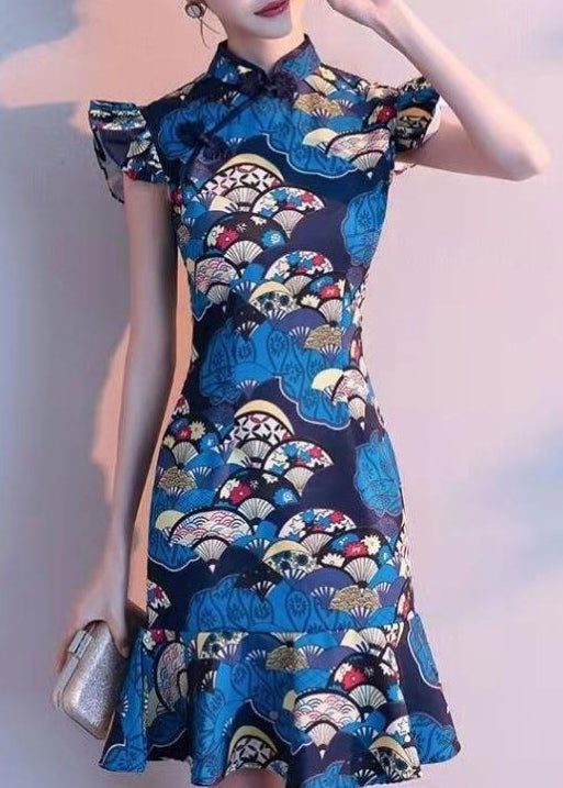 Robe d'été femme col montant style chinois imprimé paon bleu 2