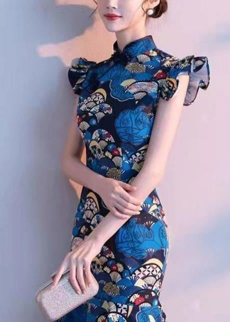 Robe d'été femme col montant style chinois imprimé paon bleu 4