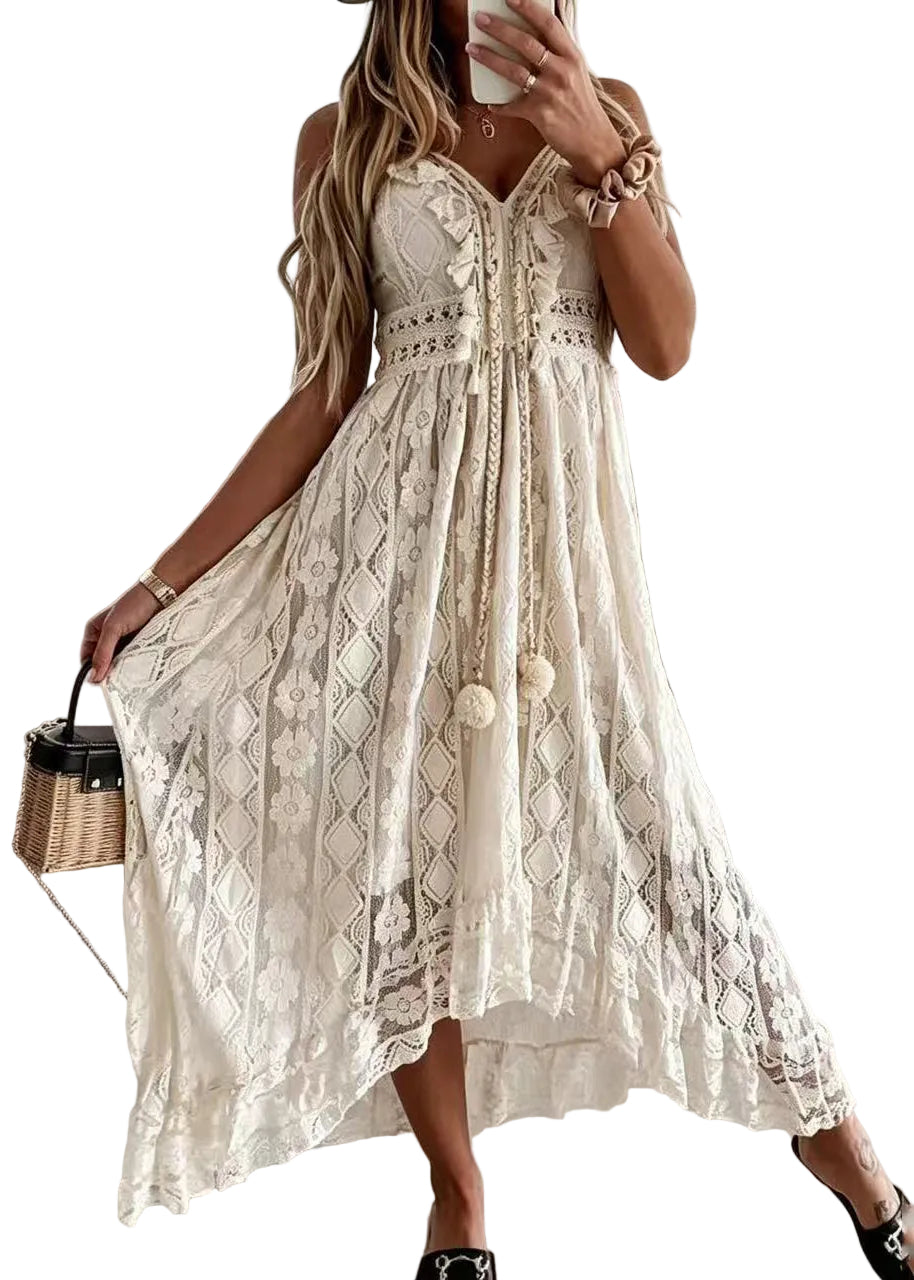 Robe d'été femme style bohème à dentelle et motifs boules 0