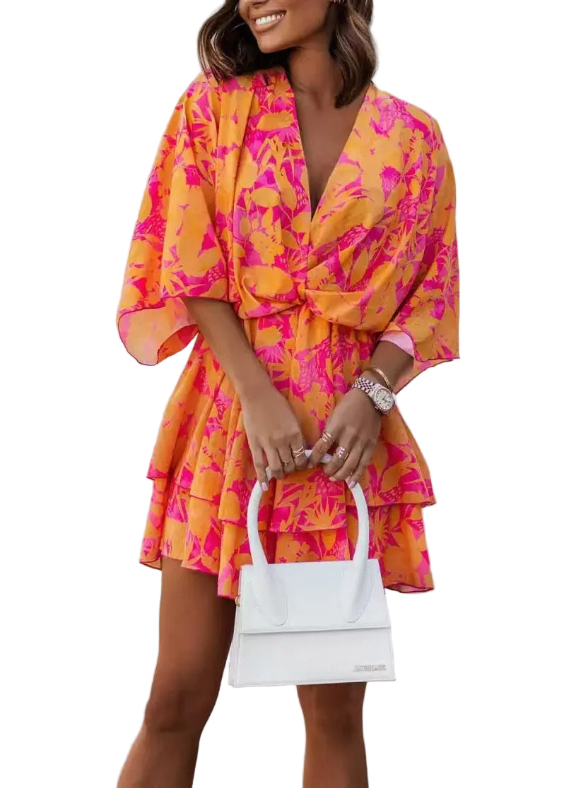Robe d'été femme superposée à imprimé orange 0