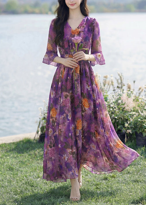 Robe d'été pour femme à col en V imprimée et froissée 1