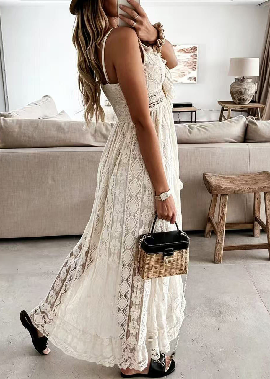 Robe d'été pour femmes à bretelles spaghetti et dentelle ajourée 3