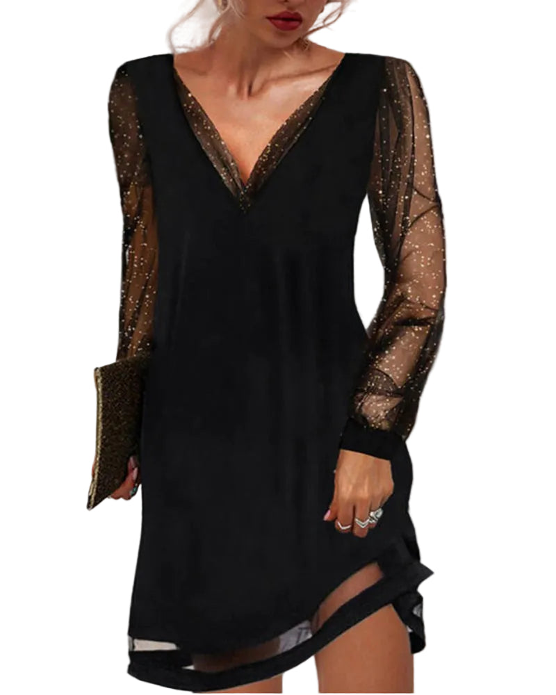 Robe de Cocktail Chic avec Manches Pailletées et Décolleté en V 0