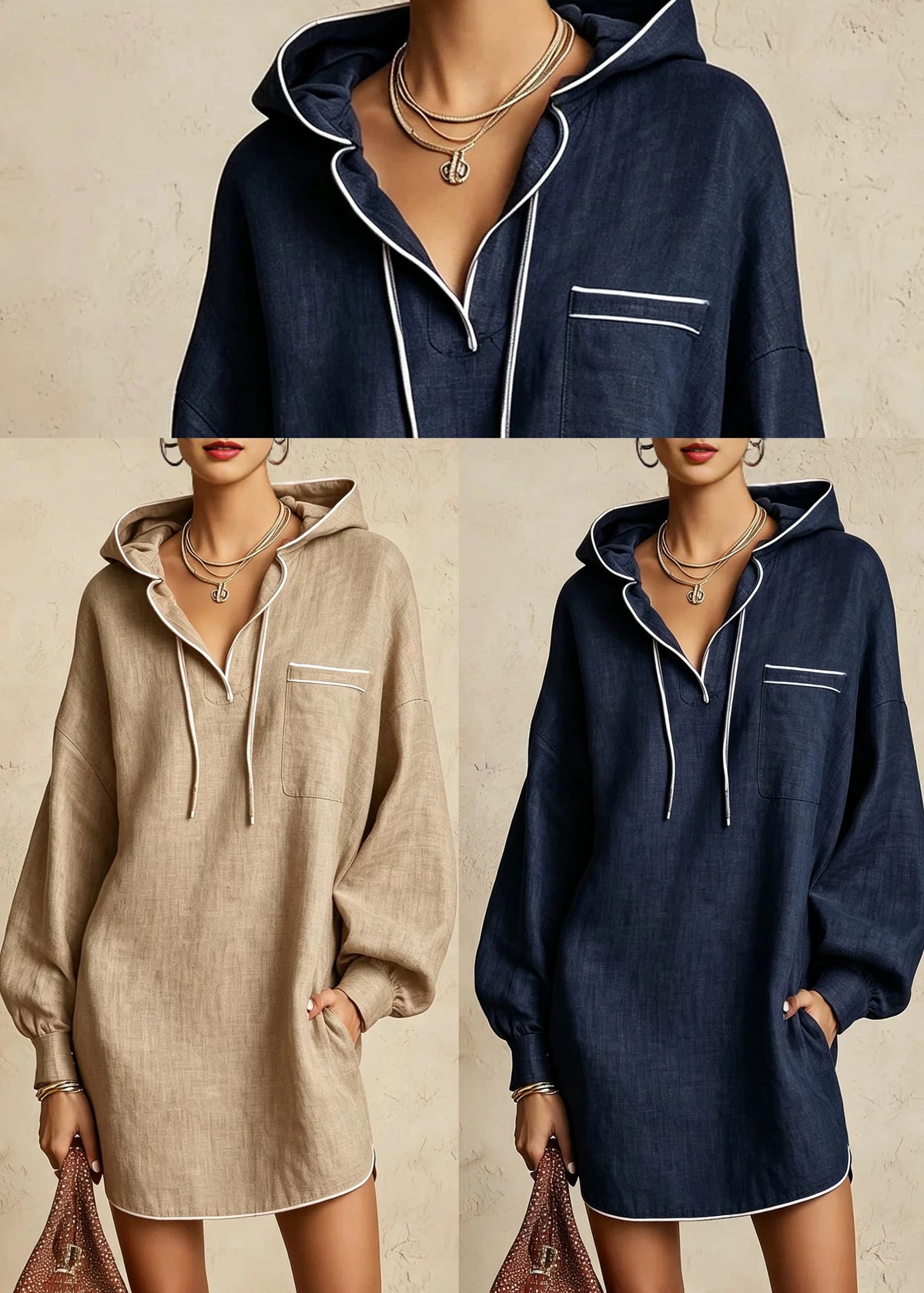 Robe de Jour Femme Capuche Manches Longues Ajustable 4