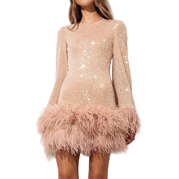 Robe de Soirée Chic à Paillettes avec Ourlet en Plumes pour Femmes 0