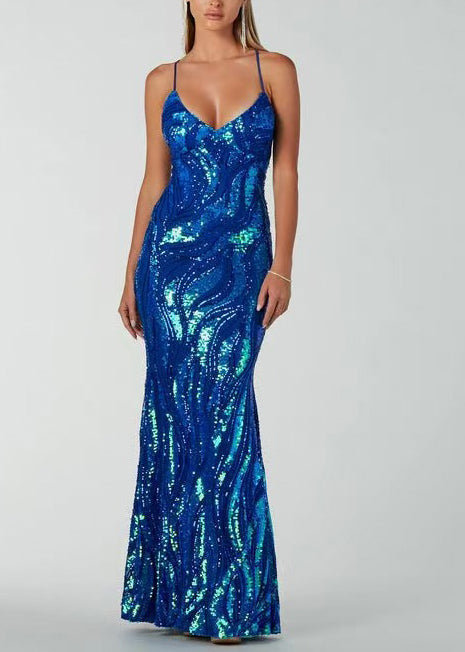 Robe de Soirée Femme Col en V Dos Nu Bretelles Croisées Longue Pailletée 2