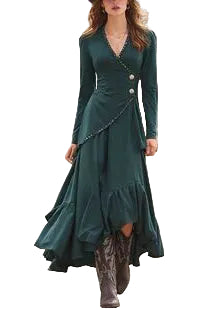 Robe de Soirée Femme Longue Asymétrique Col en V Élégante avec Manches Longues 0