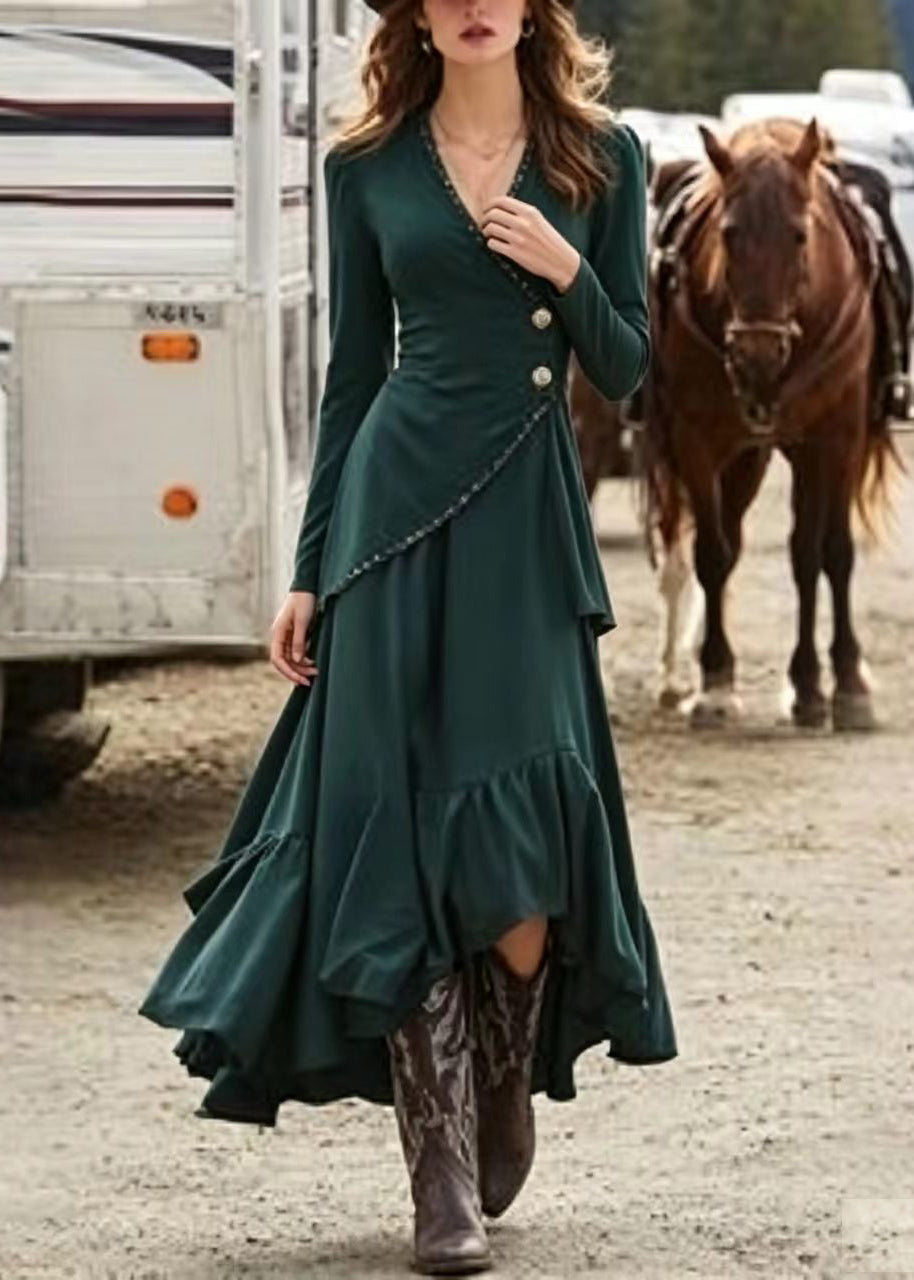 Robe de Soirée Femme Longue Asymétrique Col en V Élégante avec Manches Longues 1
