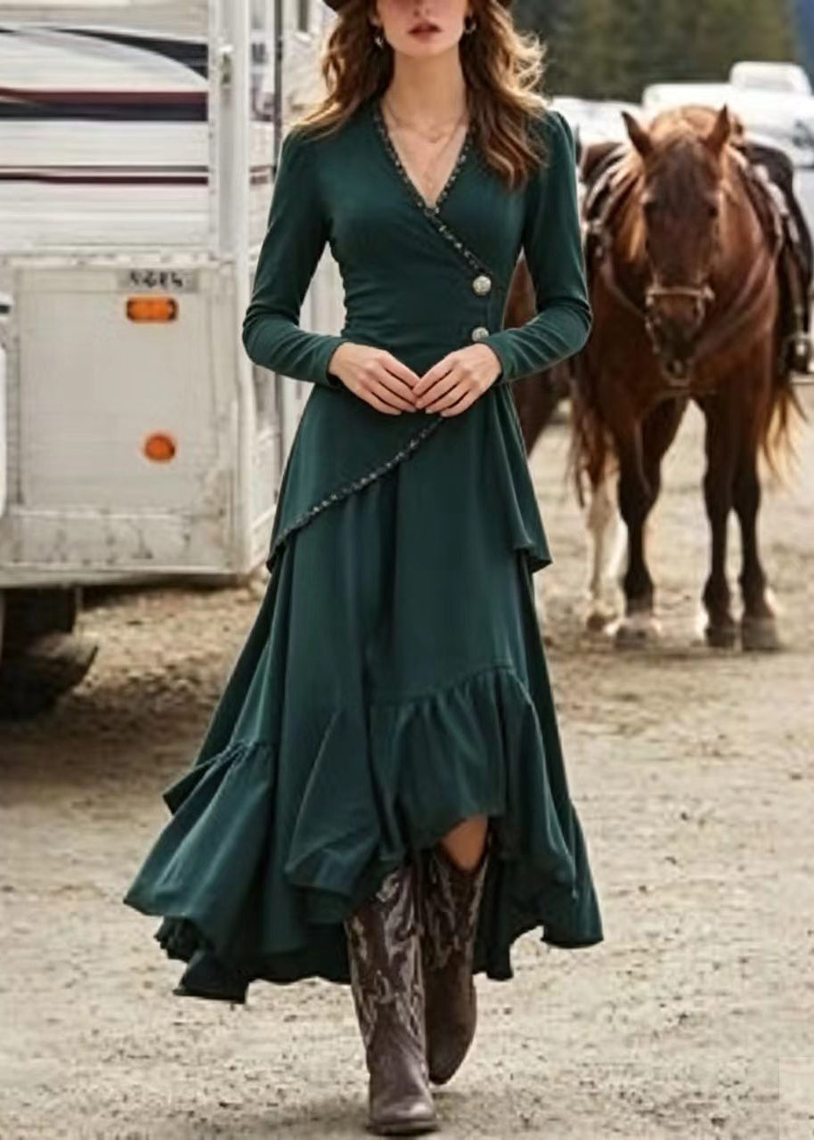 Robe de Soirée Femme Longue Asymétrique Col en V Élégante avec Manches Longues 2