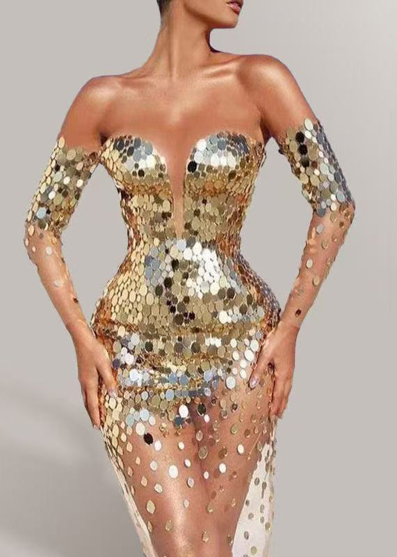 Robe de Soirée Femme Longue Chic Manches Longues Épaules Dénudées 0