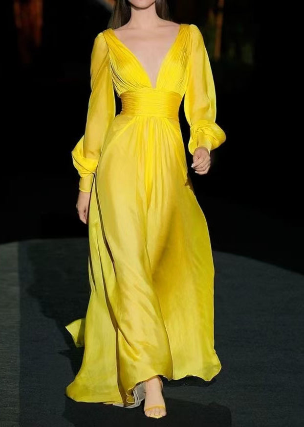 Robe de Soirée Femme Longue Col en V Manches Longues Chic Froissée 0
