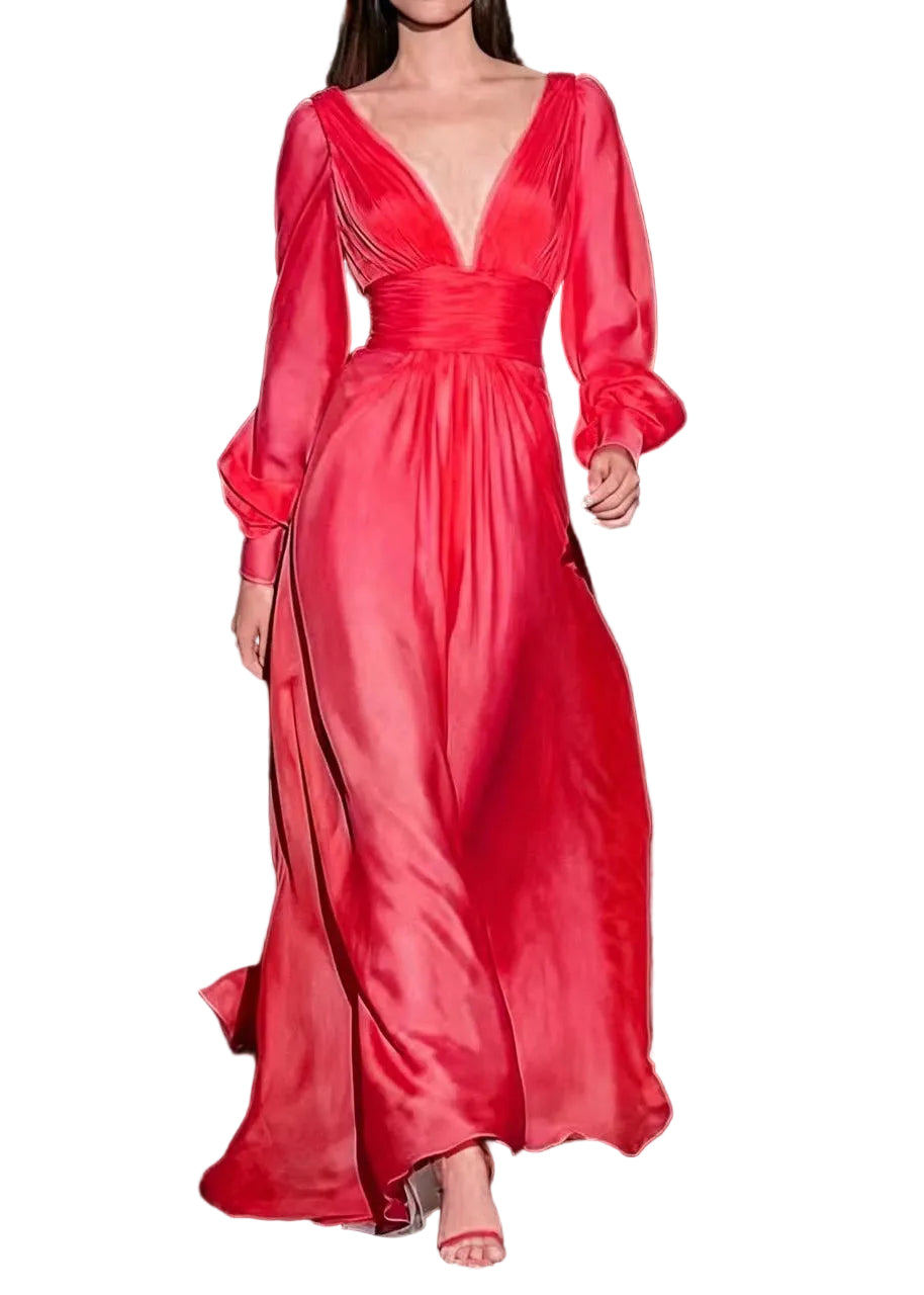 Robe de Soirée Femme Longue Col en V Manches Longues Chic Froissée 1
