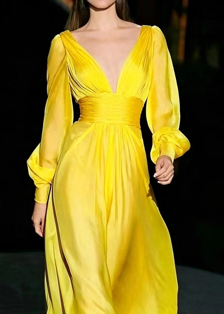 Robe de Soirée Femme Longue Col en V Manches Longues Chic Froissée 2