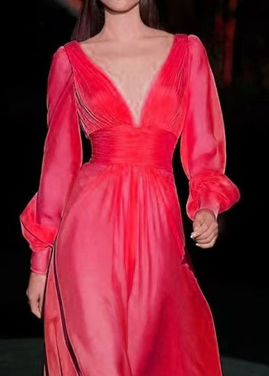 Robe de Soirée Femme Longue Col en V Manches Longues Chic Froissée 3