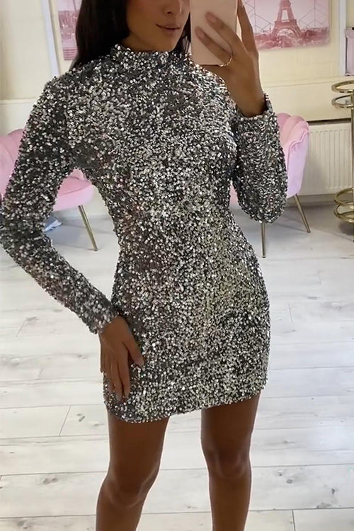 Robe de soirée Mini à Paillettes Col Montant 2