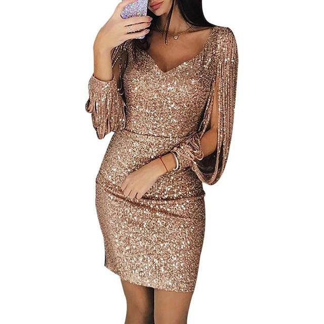 Robe de soirée à paillettes avec col en V 0