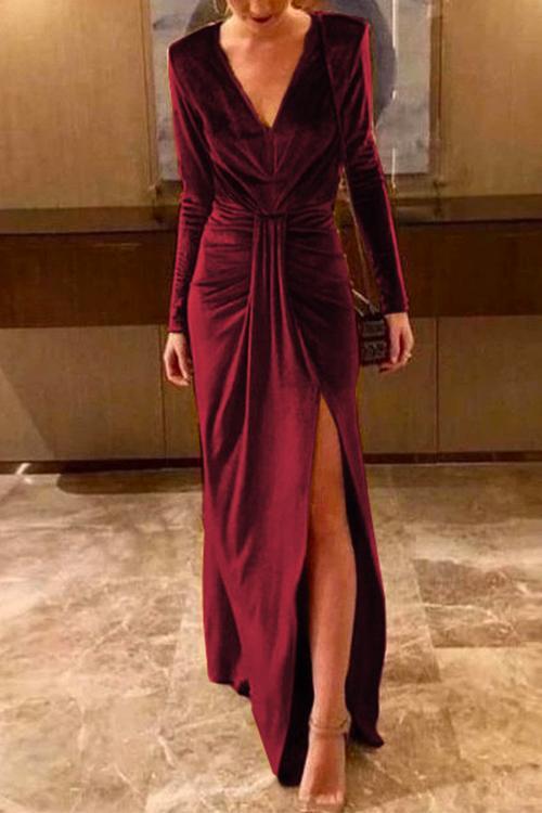 Robe de soirée en velours à col en V profond pour femmes 1