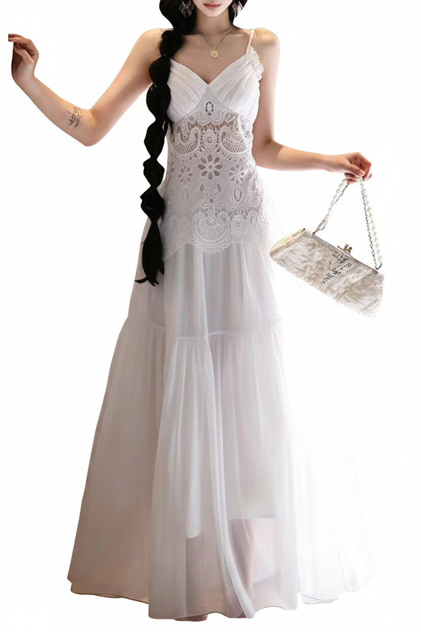 Robe de soirée femme col en V patchwork dentelle 2