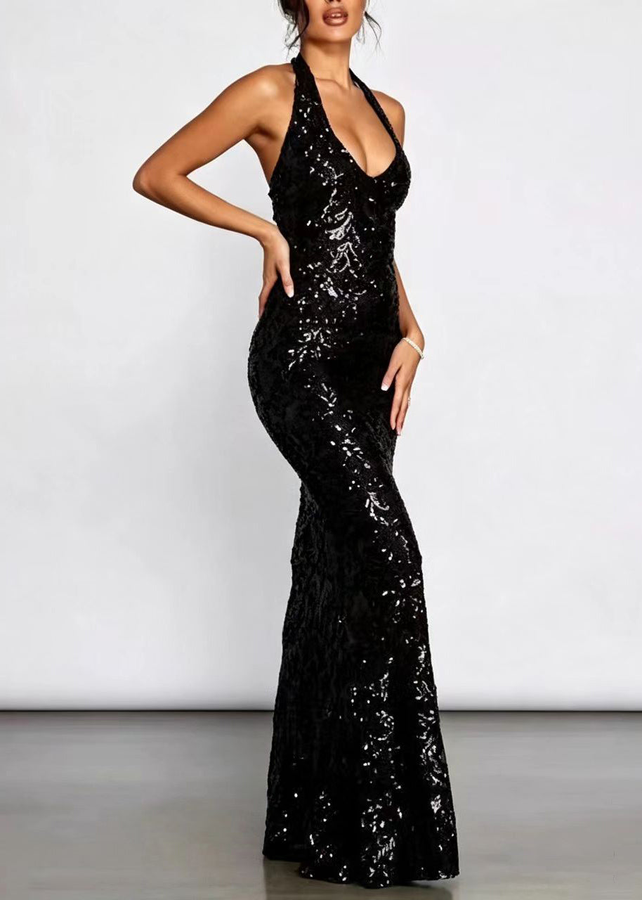 Robe de soirée femme coupe slim sans manches col en V 1