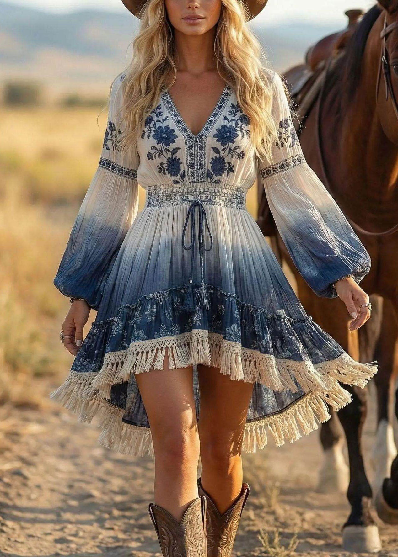 Robe de thé femme manches longues col en V à pompons 1