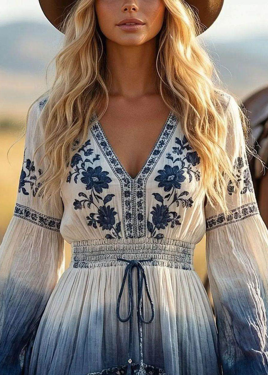 Robe de thé femme manches longues col en V à pompons 3