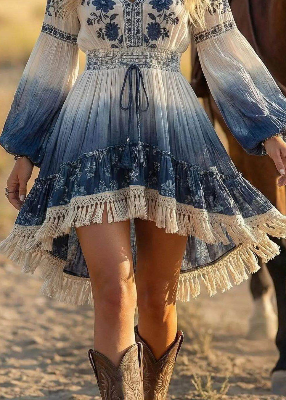 Robe de thé femme manches longues col en V à pompons 4
