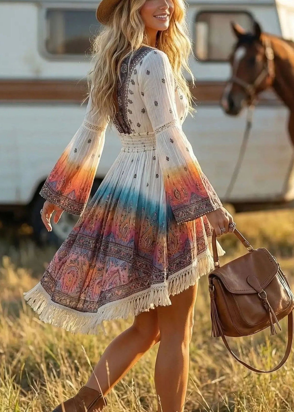 Robe droite femme bohème col en V manches évasées 2
