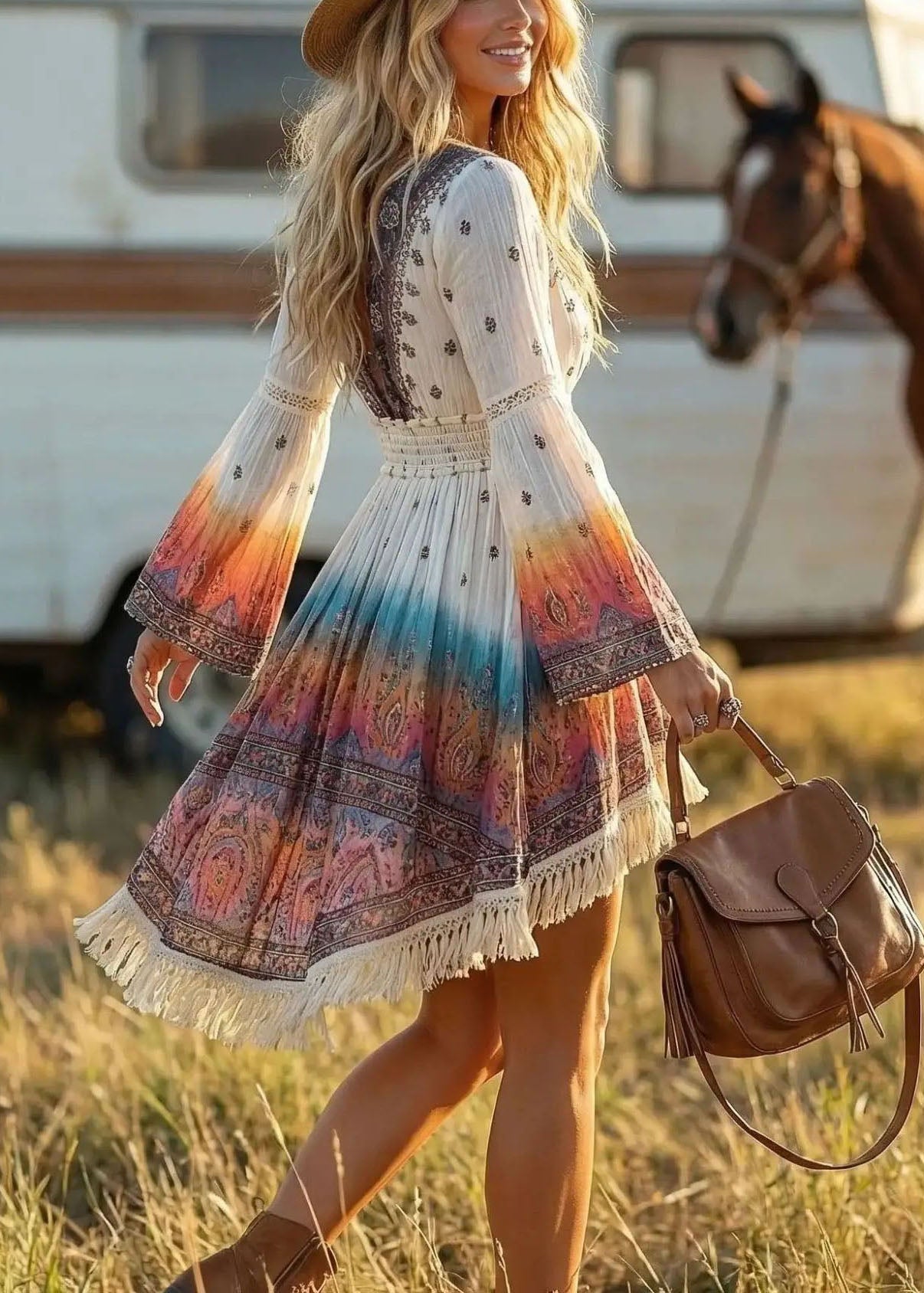 Robe droite femme bohème col en V manches évasées 2