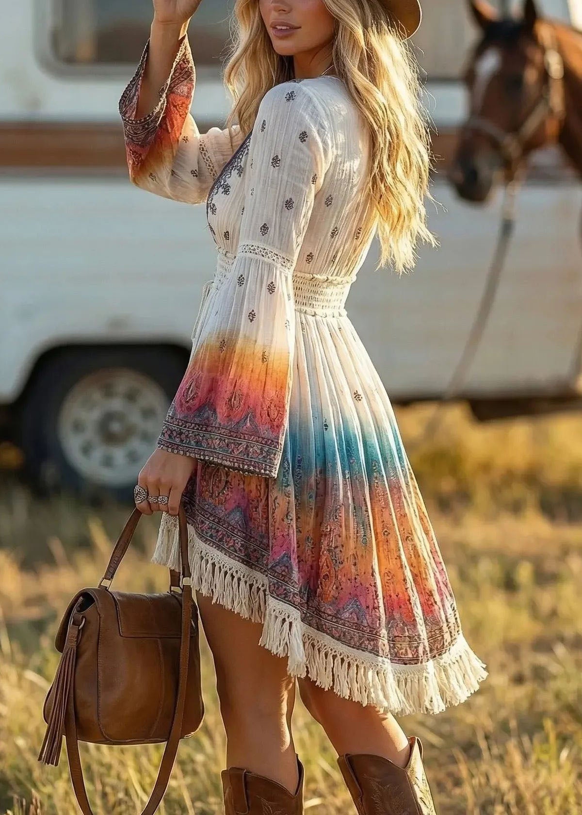 Robe droite femme bohème col en V manches évasées 3
