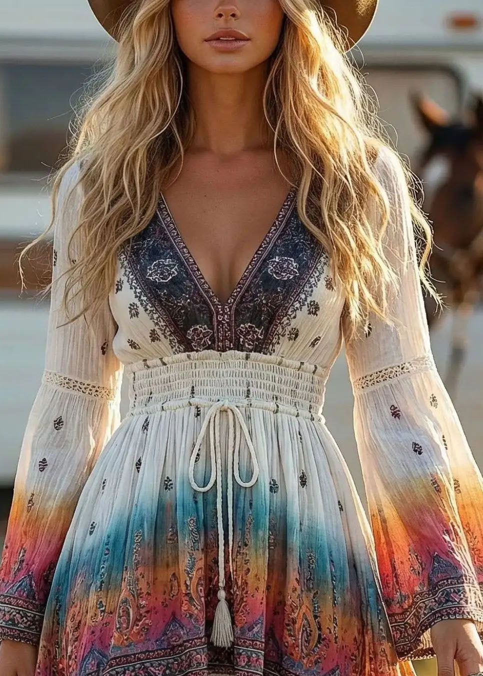 Robe droite femme bohème col en V manches évasées 4