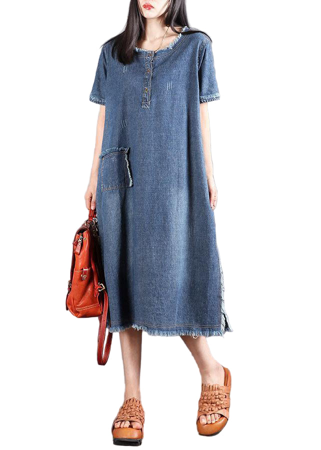 Robe en Jean à Manches Courtes pour Femme avec Poches et Boutons 0