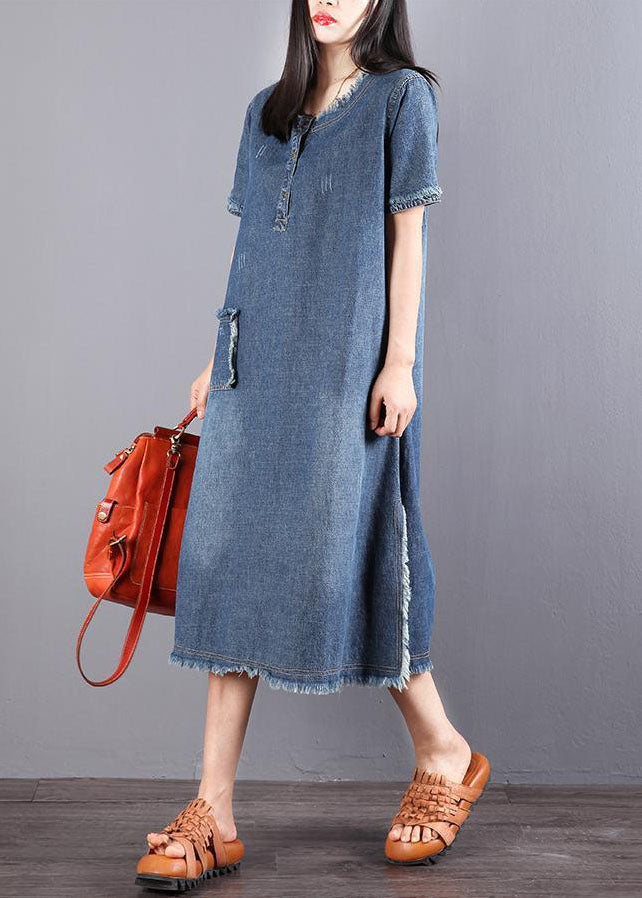Robe en Jean à Manches Courtes pour Femme avec Poches et Boutons 1