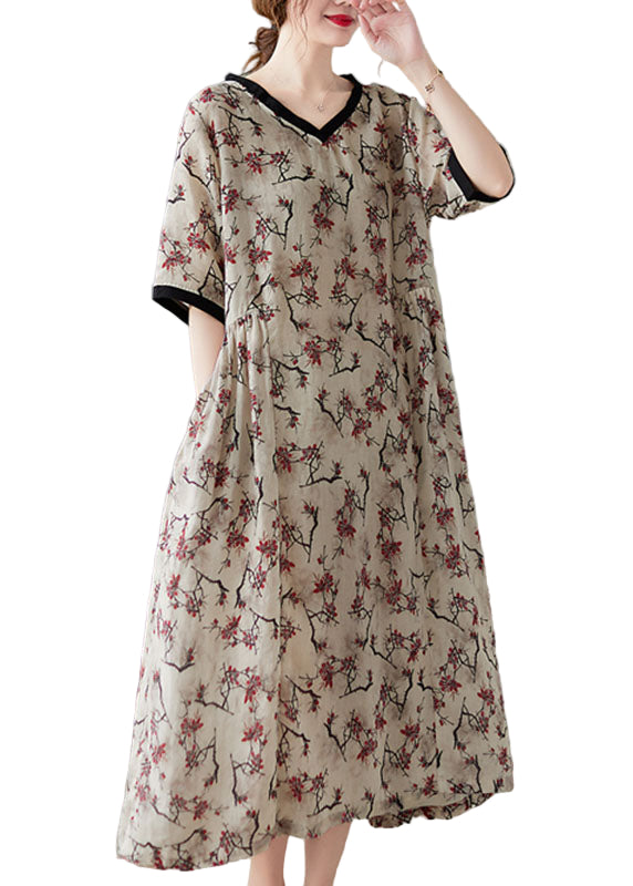 Robe en Lin à Col V pour Femme avec Imprimé 0