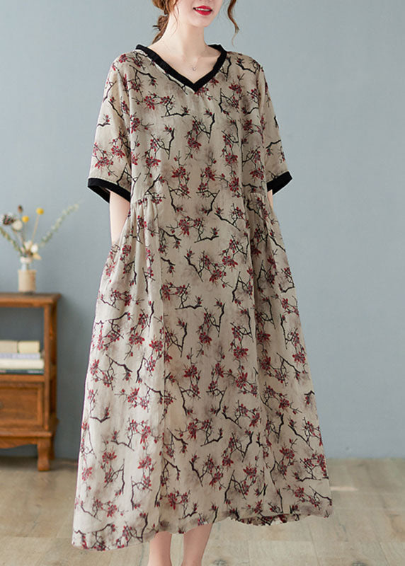 Robe en Lin à Col V pour Femme avec Imprimé 1